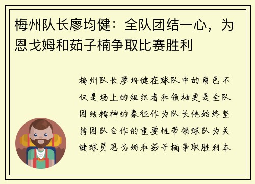 梅州队长廖均健：全队团结一心，为恩戈姆和茹子楠争取比赛胜利