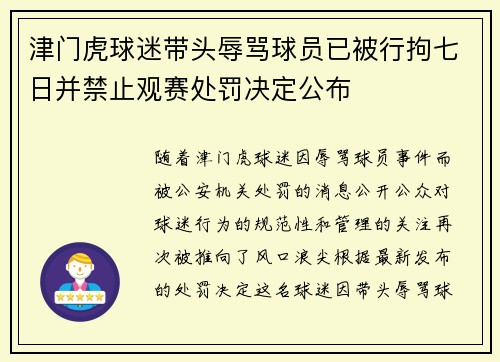 津门虎球迷带头辱骂球员已被行拘七日并禁止观赛处罚决定公布