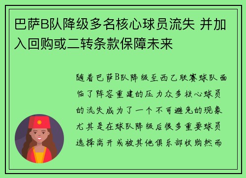 巴萨B队降级多名核心球员流失 并加入回购或二转条款保障未来